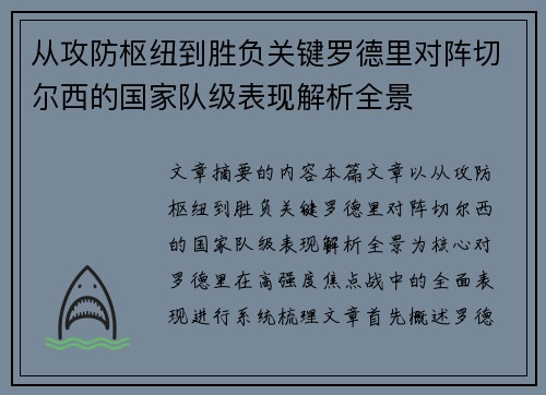从攻防枢纽到胜负关键罗德里对阵切尔西的国家队级表现解析全景
