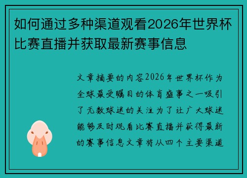 如何通过多种渠道观看2026年世界杯比赛直播并获取最新赛事信息